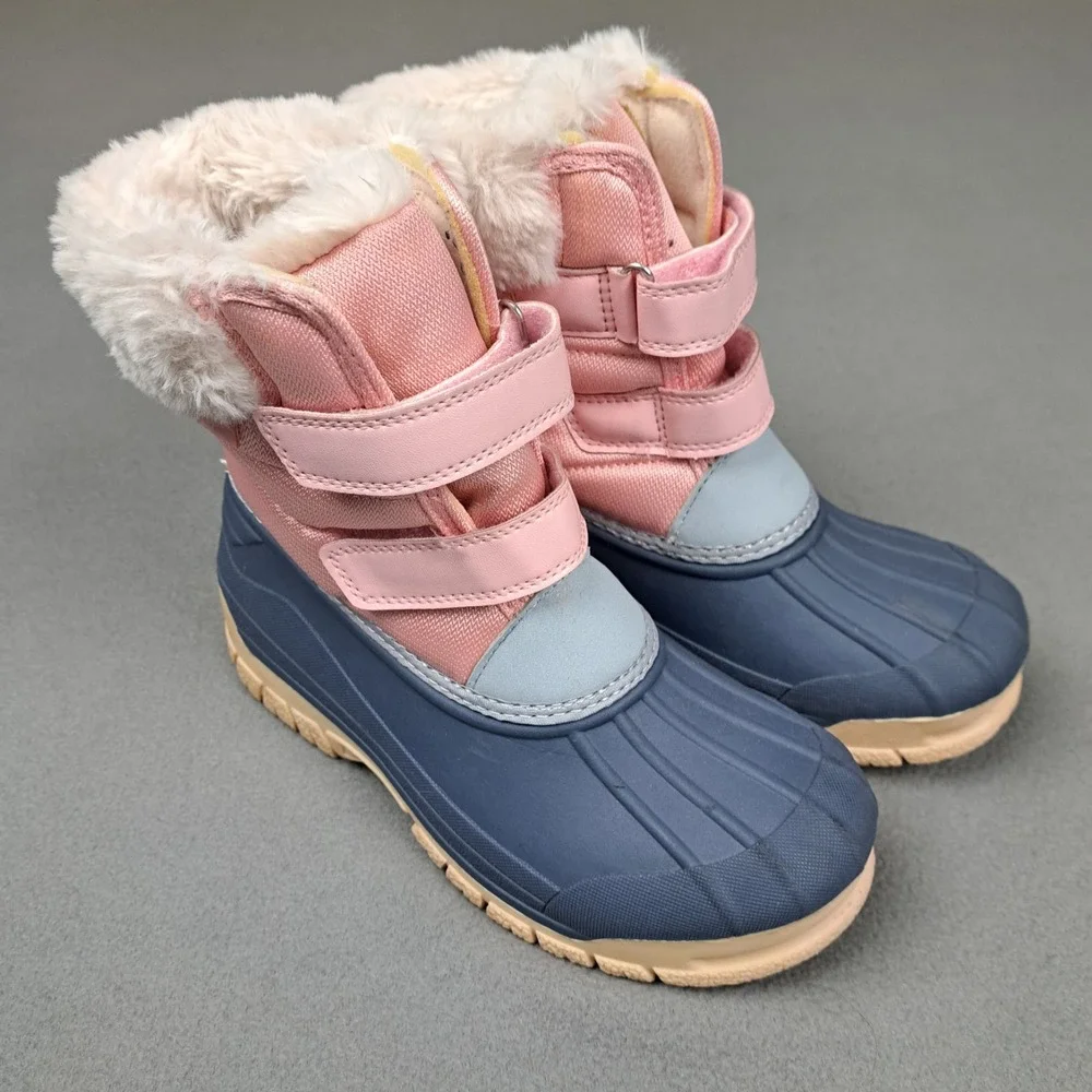 Oshkosh Bgosh‎ Snow Boots Youth 2 Pink Blue Duck Faux Fur Trimmed Waterproof